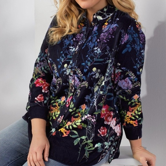Soft Surroundings Velvet Floral Blouse
Top Womens Medium Blue Button
Down Shirt - Picture 1 of 15